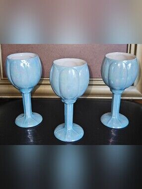 Set of 3 Vintage Duncan Ent. Iridescent Ceramic Wine Goblets Tulip Art Pottery